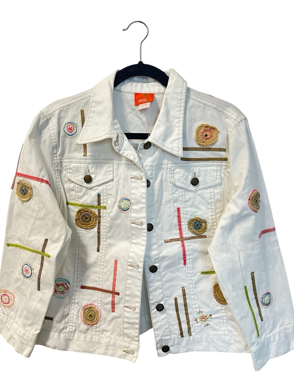 Hearts Of Palm Embroidered Art To Wear Denim Jacket White SZ 14